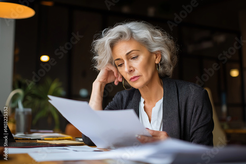 Worried Mature Businesswoman Reading Bad News in Document at Office Desk.
