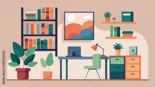 A small home office with a minimalist desk a plantfilled bookshelf and a large abstract painting on the wall.