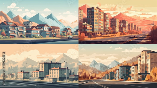Four stylized illustrations of urban landscapes with mountainous backdrops.
