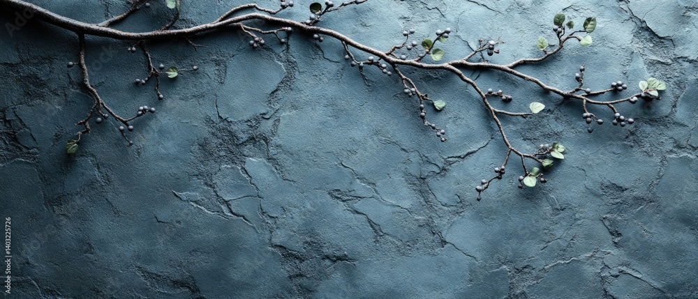 A textured blue background with an elegant branch with small green leaves scattered across it