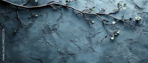 Obraz na płótnie A textured blue background with an elegant branch with small green leaves scattered across it w salonie