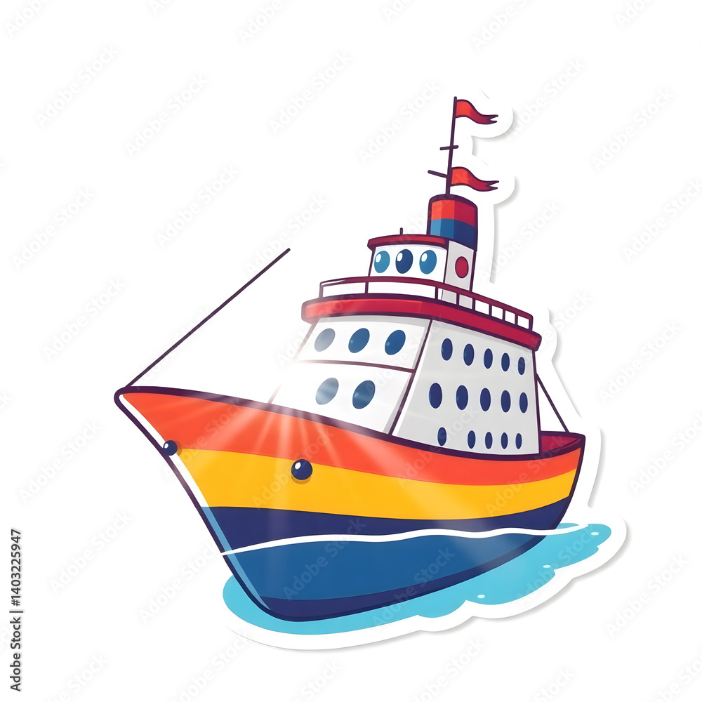 Obraz premium Abstract vector kawaii style ship sticker with bright lens flare contrasting colors and contour lines set against a big white background art illustration design