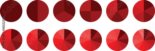 Pie chart set, segmented circle icons, circle diagram. Pie chart divided 1,2,3,4,5,6 equal parts. Color pizza or donut round diagram. Infographic wheel segment or sections parts. Vector illustration