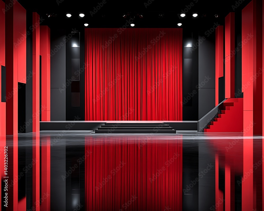 Red Stage with Empty Theater, and Dark Interior.