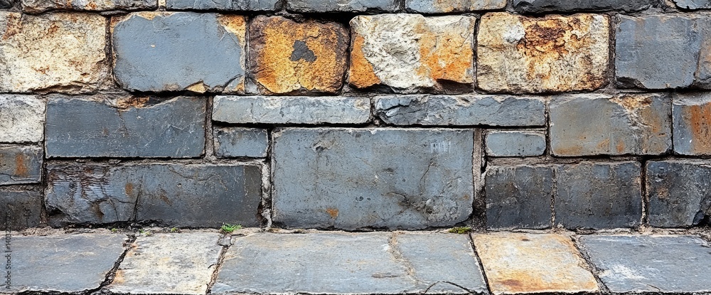 A rugged wall built of gray and tan stones provides a textured background and flooring