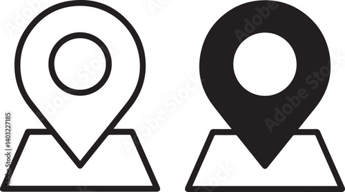 Location pins, map markers, black and white icons, minimalist design, geometric shapes, navigation symbols, cartography elements, simple illustration, vector graphic
