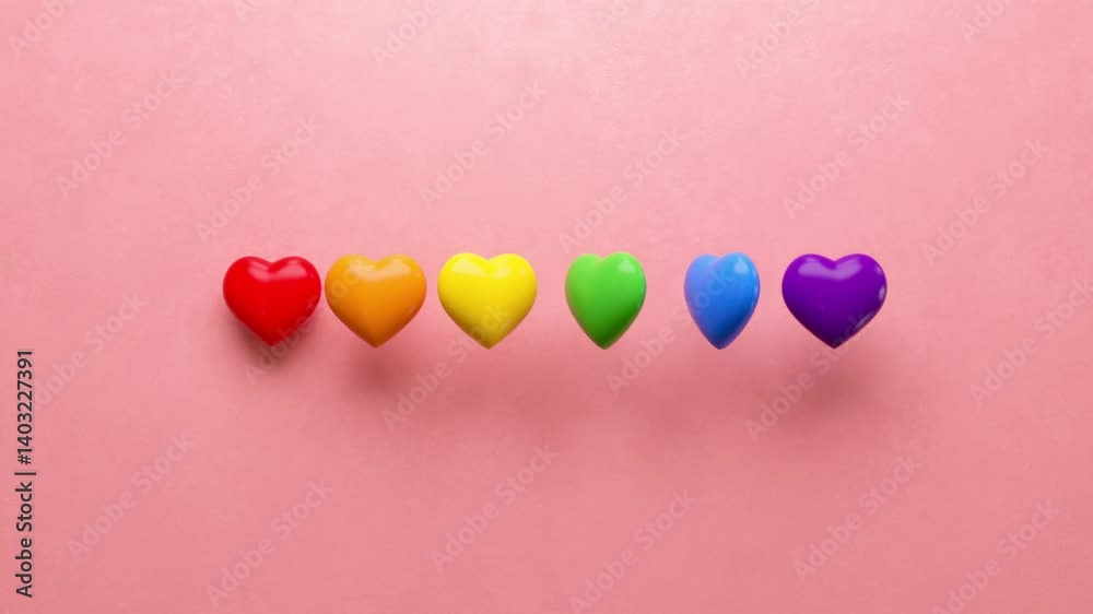 Happy Pride looped video with rainbow colored hearts on a pastel pink background and copy space. LGBTQIA+ Pride month and love diversity celebration in 3D animation