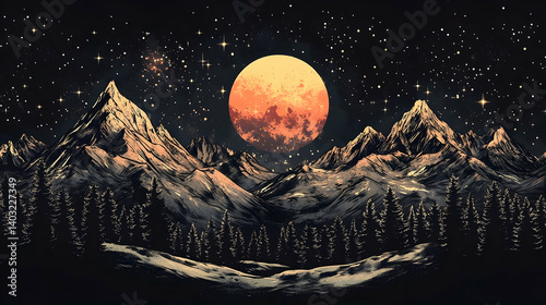 A breathtaking mountain landscape under a vibrant orange moonlit night sky.