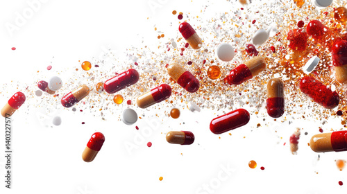 Medicine Burst: A vibrant burst of red and white capsules and tablets against a white background, capturing the energy and dynamism of pharmaceutical products. 