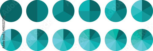 Pie chart set, segmented circle icons, circle diagram. Pie chart divided 1,2,3,4,5,6 equal parts. Color pizza or donut round diagram. Infographic wheel segment or sections parts. Vector illustration