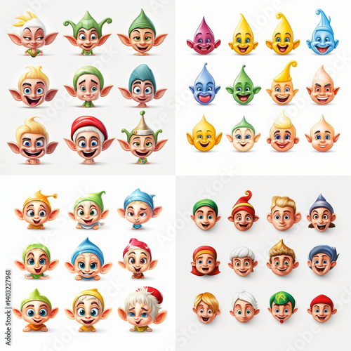 Colorful elf faces with various expressions and headwear.