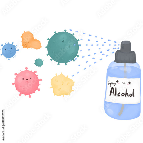 Alcohol Spray Sanitizer Cartoon Illustration Fighting Germs and Bacteria