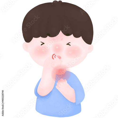 Coughing Sick Child with Sore Throat Cartoon Illustration for Healthcare Use