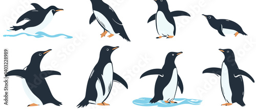 Penguin illustration vector image of arctic birds in various poses set