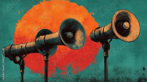 Megaphones stand before a huge sun, broadcasting powerfully in artistic, textured illustration