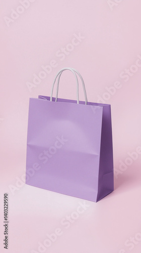 Horizontal Lilac Gift Bag on Pink Minimal Background photo
