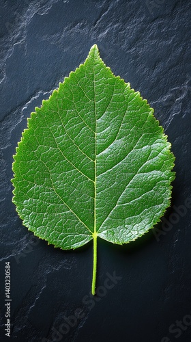 Single green leaf on textured slate background. Detail on veins and edges