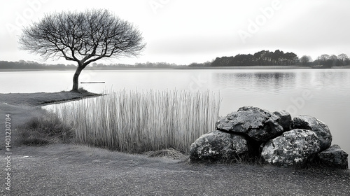 A monochrome landscape of a tranquil lake with a solitary tree and stones.