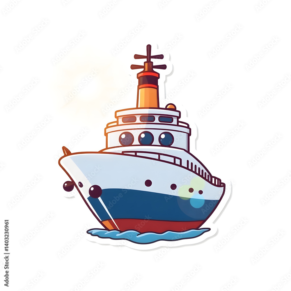Obraz premium Abstract vector kawaii style ship sticker with bright lens flare contrasting colors and contour lines set against a big white background art illustration design
