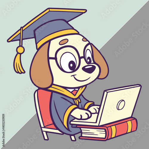 Dog wearing graduation cap studying on a laptop