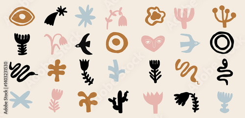 Hand drawn abstract curvy vector contemporary pastel beige shapes. Organic abstract forms in simple hand drawn style. Symbols, astrology elements for design. 