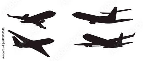 Airplane silhouette vector art featuring various aircraft flying designs