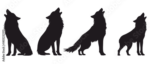 Four howling wolf pack silhouette vector illustration animal predator art
