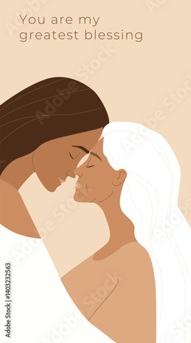 Adult Daughter Hugging Elderly Mother. Emotional Family Moment Illustration
