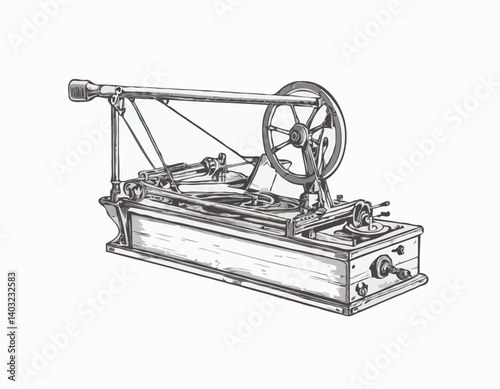 Gros plan horizontal en studio à angle élevé de cithare en bois vintage isolée sur fond blanc. Détail de la mécanique de cithare et des goupilles de réglage. Instrument poussiéreux et rayé
