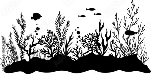 Undersea or aquarium landscape silhouette.  Underwater plants, corals and reef wildlife scene. Vector illustration with deep marine inhabitants. Black vector border.