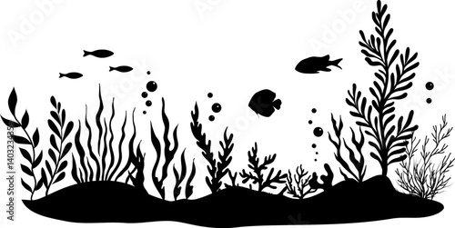 Undersea or aquarium landscape silhouette.  Underwater plants, corals and reef wildlife scene. Vector illustration with deep marine inhabitants. Black vector border.