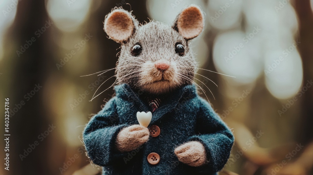 Charming and Whimsical Stuffed Mouse in Blue Coat Holding Heart Charming and Whimsical Stuffed Mouse in Blue Coat Holding Heart