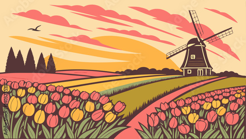windmill and tulips