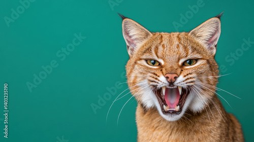 Animals with scary teeth, A bobcat poised to pounce with bared teeth, showcasing wildlife's raw power and beauty in high fidelity.