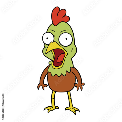 An angry zombie chicken with glowing eyes, ragged feathers, and a terrifying stare, clucks menacingly as it stumbles forward, seeking revenge in undead rage.