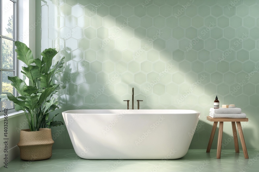 Fototapeta premium A modern bathroom with a bathtub and green hexagon tiles