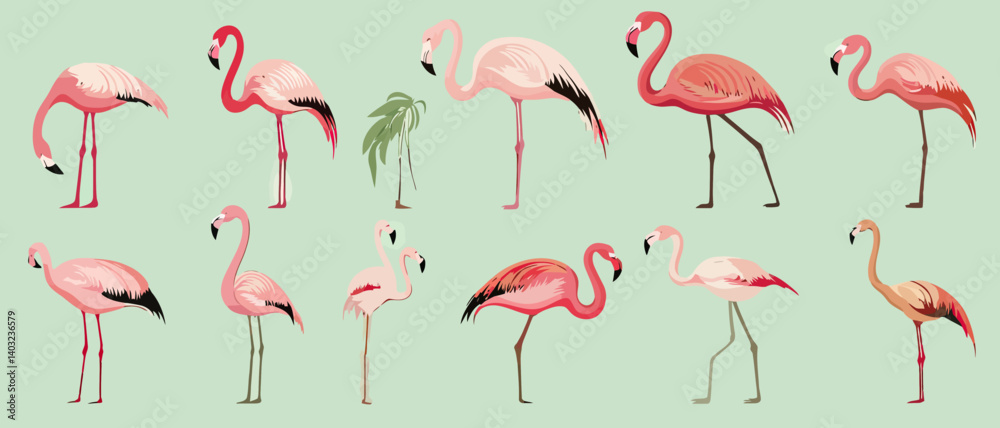 Obraz premium Flamingo design vector illustration with pink birds and green plant art