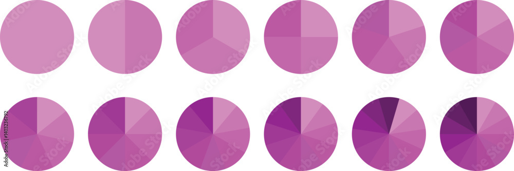 Pie chart set, segmented circle icons, circle diagram. Pie chart divided 1,2,3,4,5,6 equal parts. Color pizza or donut round diagram. Infographic wheel segment or sections parts. Vector illustration Pie chart set, segmented circle icons, circle diagram. Pie chart divided 1,2,3,4,5,6 equal parts. Color pizza or donut round diagram. Infographic wheel segment or sections parts. Vector illustration