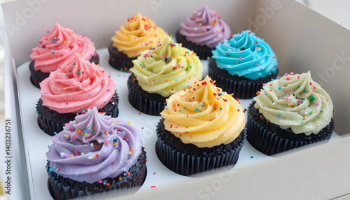 Delicious colorful cupcakes with sprinkles in box for party or birthday celebration desserts and treats