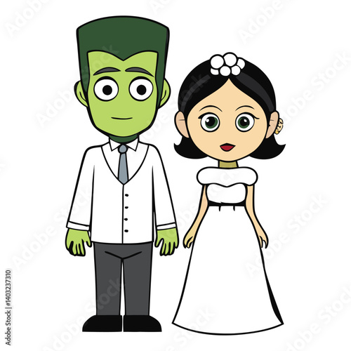 Frankenstein and his bride stand together, a haunting pair of stitched beings. She, with flowing hair, shares his eerie, misunderstood existence in a world of shadows.