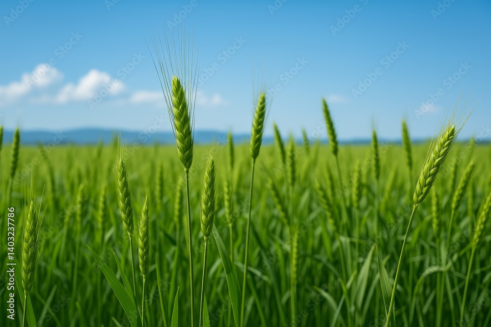 Green Wheat Field Under a Bright Blue Sky Day Green Wheat Field Under a Bright Blue Sky Day