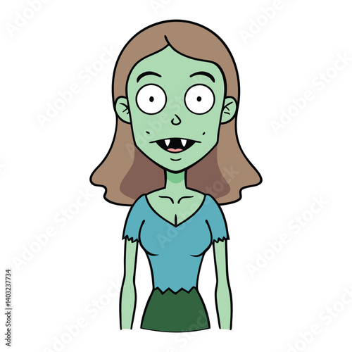 A ghoulish female zombie with pale, decaying skin, bloodshot eyes, and tattered clothing, dragging one foot while reaching for her next victim in eerie silence.
