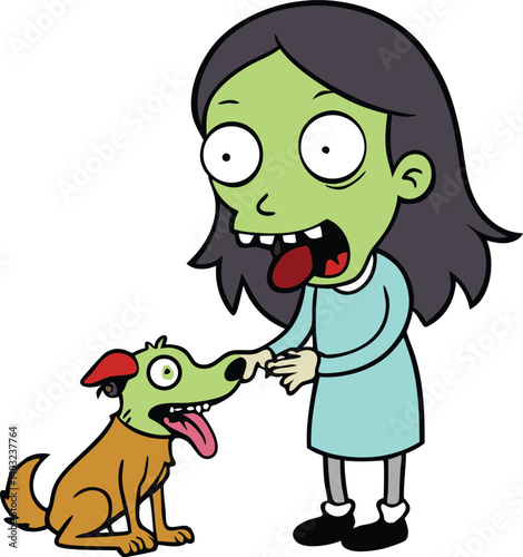 A ghoulish female zombie, with pale, decaying skin and glowing eyes, hungrily devours a dog, her mouth dripping with blood as she feasts in a dark, eerie setting.