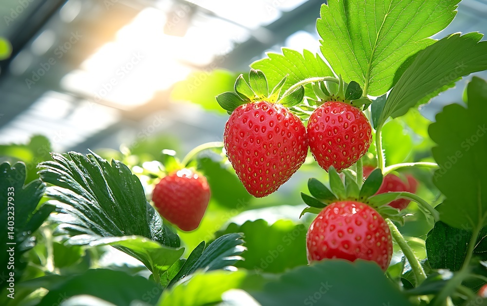 Ripe Strawberries Greenhouse Sunlight.