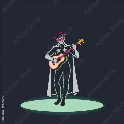 Print A futuristic bard with a holographic lute, a cape, and a glowing stage.