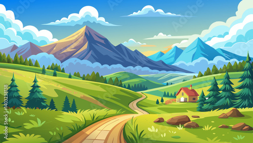 mountain rural landscape in summertime. country path winding off in to the distant ridge. rolling hills with grass fields and meadows. calm sunny weather with fluffy clouds on the blue