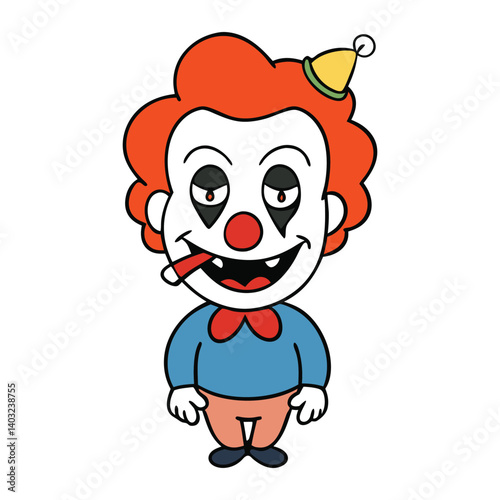 Sinister clown with a twisted grin, wild eyes, and smeared makeup, exhaling smoke from a cigarette—dark, eerie, and unsettling in every way.
