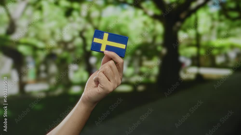 Hand holding a swedish flag patch outdoors in a park, showcasing national pride and cultural identity in a natural setting.