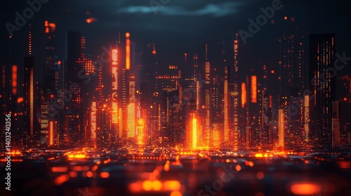 Futuristic Cityscape with Red and Orange Glow at Night Revealing Skyscrapers and Vibrant Urban Lights