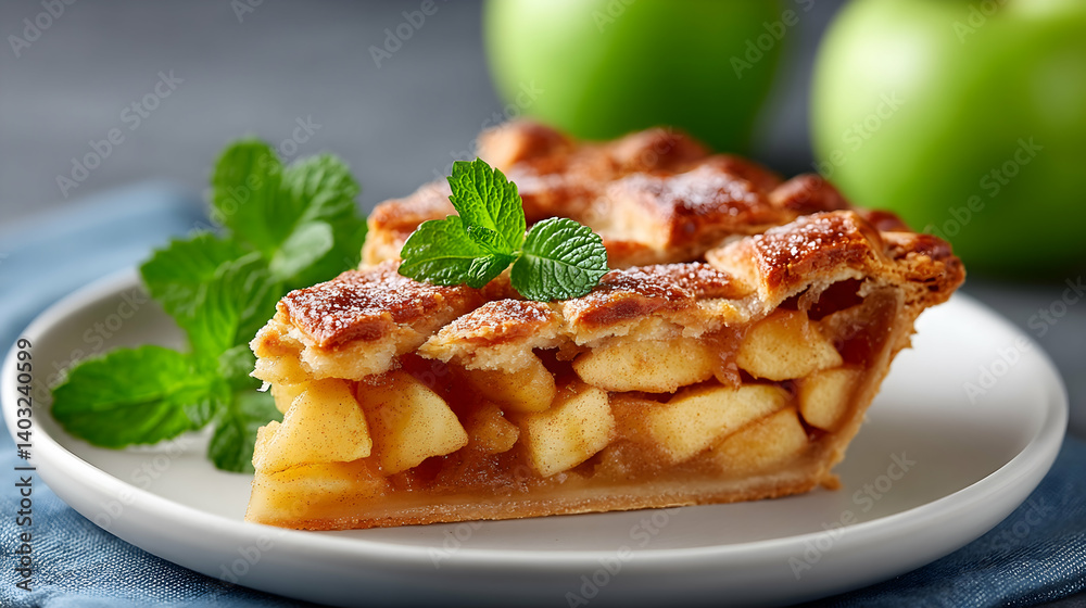 A slice of homemade apple pie garnished with mint, served on a plate with whole apples in the background. Generative AI A slice of homemade apple pie garnished with mint, served on a plate with whole apples in the background. Generative AI